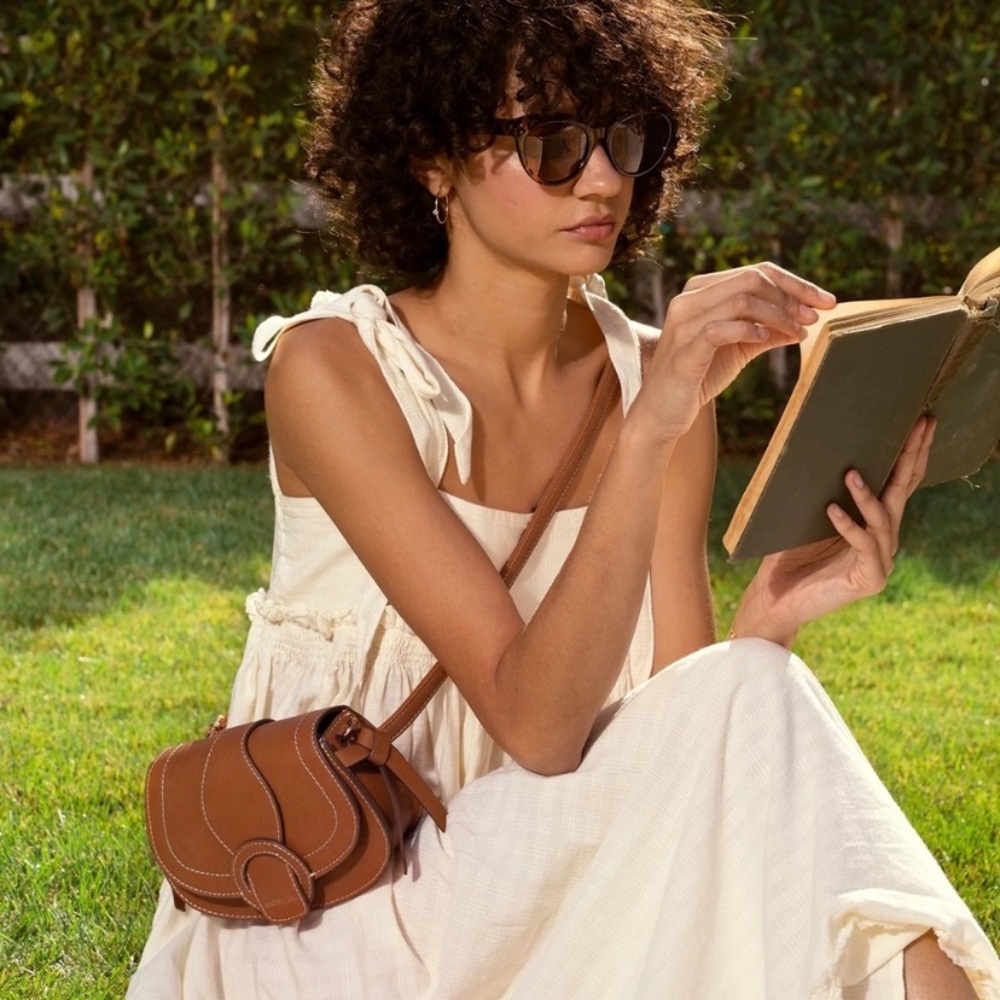 Rachel Zoe brown crossbody bag in vegan leather.